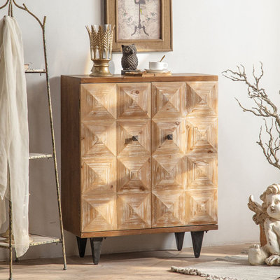  Rustic Geometric Carved Wood Accent Cabinet