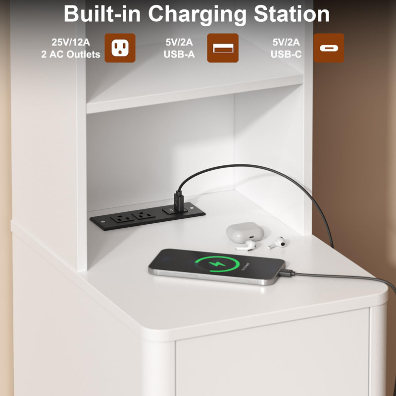 Tall Nightstand with Charging Station, White