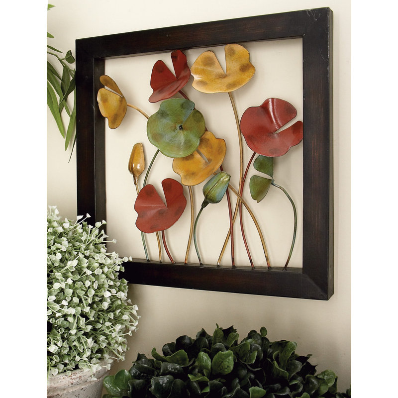 Metal Floral Multi Colored Wall Decor with Black Frame Set