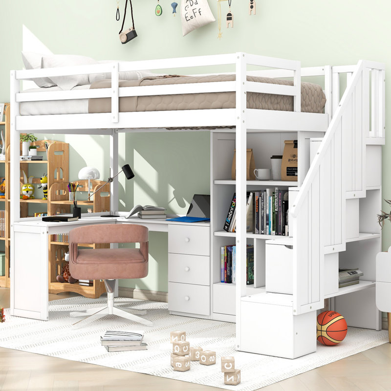 Lit mezzanine simple avec bureau en L et tiroirs, armoire et escalier de rangement, Blanc