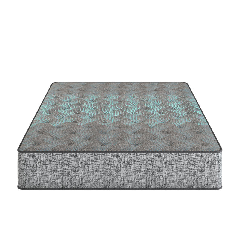 Matelas pleine grandeur de 11 pouces, confort moyen, refroidissement, double couche de mousse pour le soulagement et la circulation de l'air, entretien de la forme du support, zone centrale renforcée, conception à ressorts bordés, rembourrage en acier gris et bleu