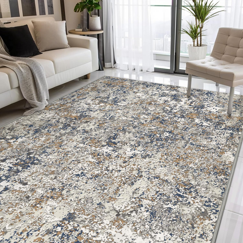 8x10 Area Rug, Machine Washable, Abstract Design, Low-Pile, Non-Slip,Mix Gold