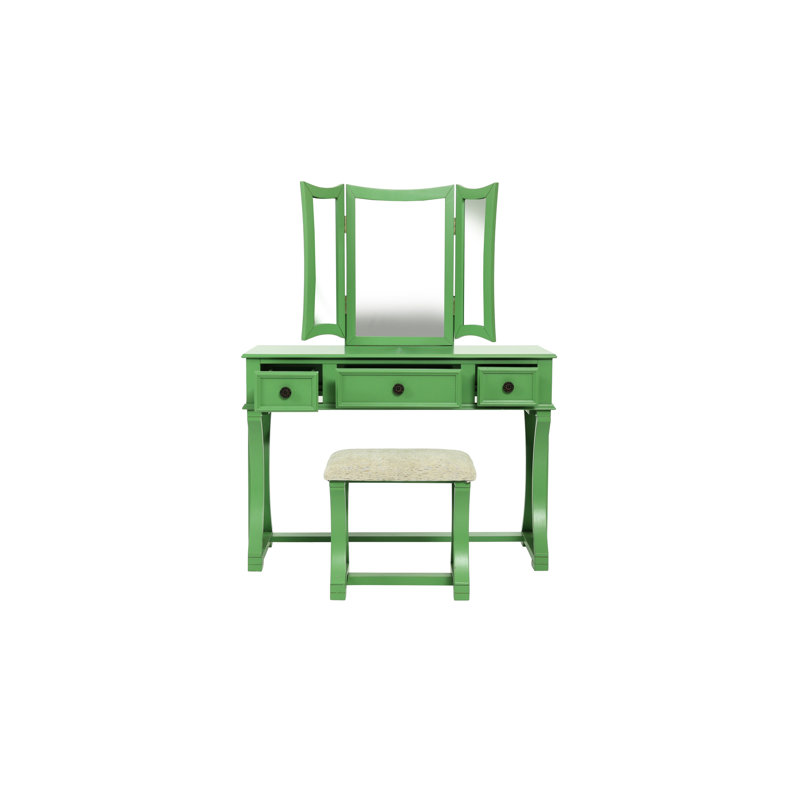 Ahn Modern Bedroom Vanity , Apple Hue, Stool, Particle Board, Rustic Pine W Color, 3 Mirror, Pine,, Antique Green