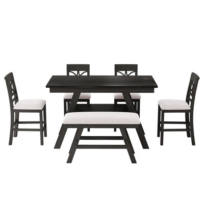 6-Piece Wood Counter Height Dining Table Set with Storage Shelf, Kitchen Table Set with Bench and 4 Chairs,Rustic Style