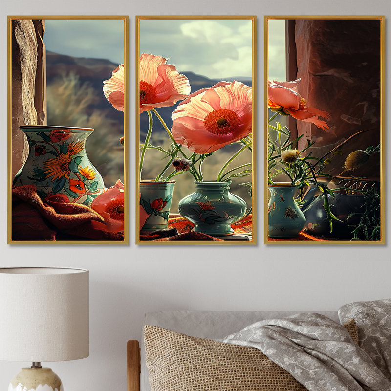 Dahmen - ensemble d'art mural coquelicot, Cadre flottant doré, H 32 po x l 48 po x P 1 po