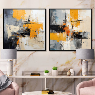 Grey And Yellow Paint Elegance I - Abstract Collages Canvas Art Print Set Of 2