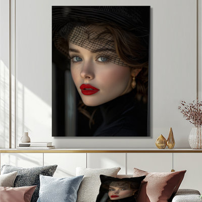 Femme noire et blanche avec des lèvres rouges II - mode femme, art mural sur toile, salon