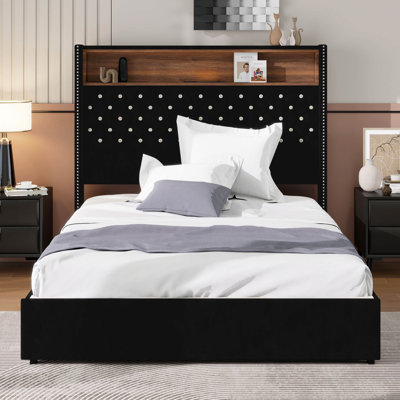 Lit double tapissier en velours pleine grandeur avec port USB et veilleuse, tête de lit capitonnée à oreilles de 52 po avec tablette de rangement et rivets