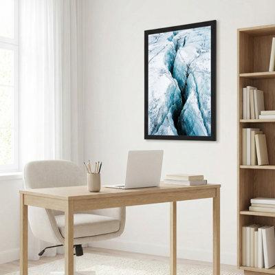 Toile noire encadrée en bois noir pour salon, chambre à coucher, bureau ou vestibule - décoration murale décorative avec glacier crevasse