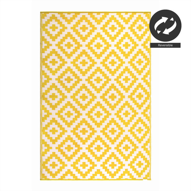 Outdoor Rug Recycled Plastic Straw Waterproof Patio - Foldable, Rectangle 9' x 12', Aztec - Yellow & White