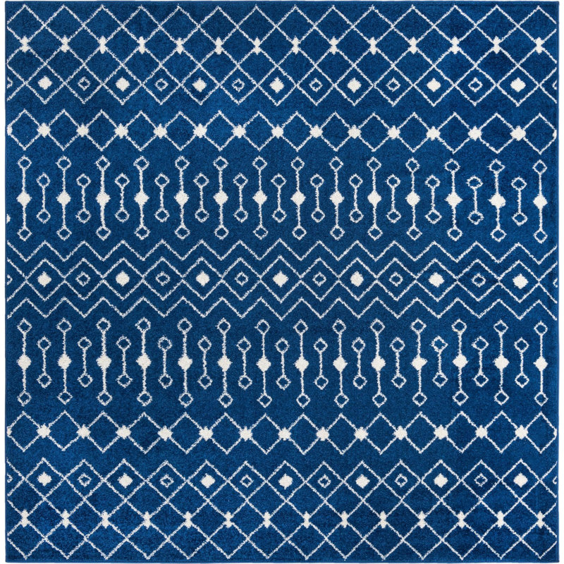 Tapis bleu / blanc en chenille / polyester tissé à la machine Briehn, Carré 7 pi 10 po