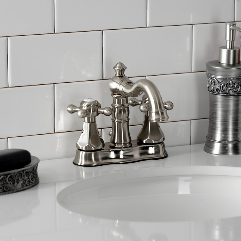 Kingston Brass Metropolitan Two-Handle 3-Hole Deck Mount 4" Centerset Bathroom Faucet with Pop-Up Drain, Brushed Nickel
