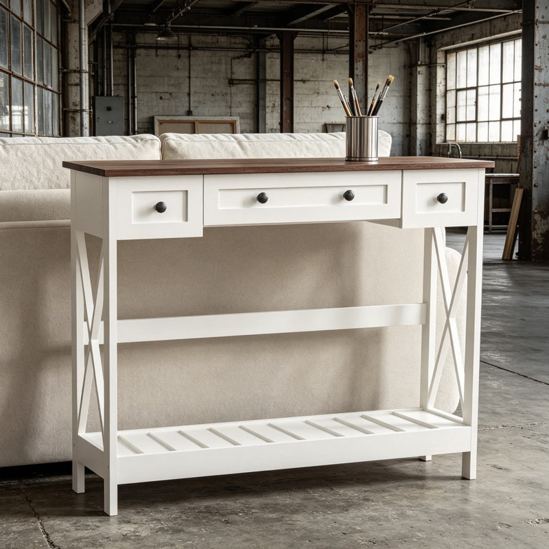 Console de 39,4 pouces avec 3 tiroirs, table d'entrée rustique pour le salon, couloir, canapé derrière, blanc et brun