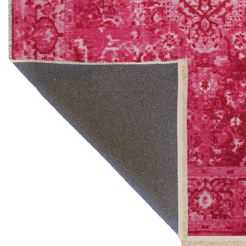 Tapis décoratif frangé à motif rose à motif traditionnel, Rectangle 5 pi 1,02 po x 7 pi 6,55 po