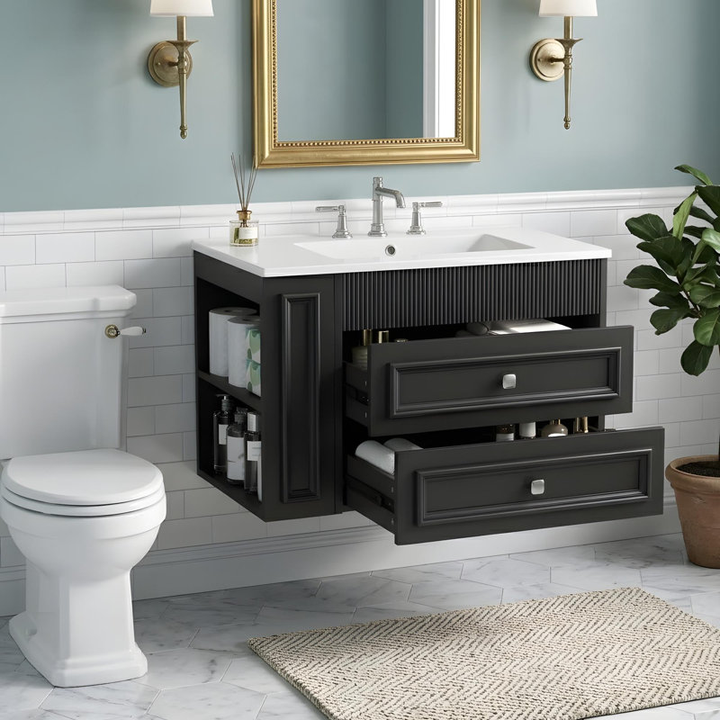 Meuble-lavabo mural avec tiroirs et tablettes, Noir