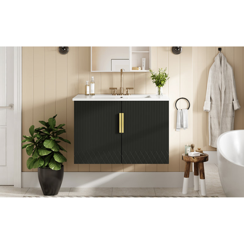 Meuble-lavabo de 30 po, lavabo simple en céramique à 3 trous, 2 portes à fermeture douce, tablette réglable et bois massif, lavabo à fixation murale, rangement à double porte, Scratch, design