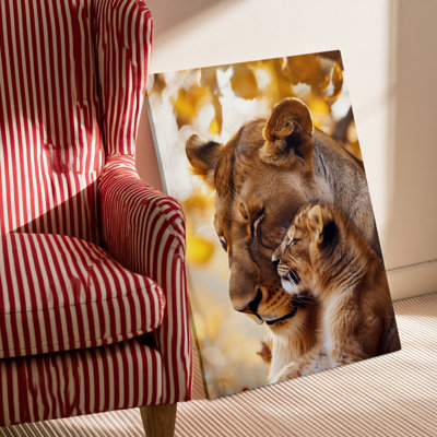 Tableau rustique moderne « Mère lionne et son petit » sur toile 91 x 61 cm (36 x 24 pouces) - Décoration de salon