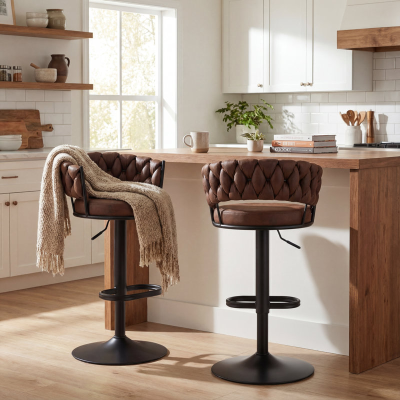 Modern Woven Dark Brown Suede Fabric Tufted Back Swivel Bar Stools With Adjustable Height Black Metal Base And Footrest Stylish Stools For Kitchen Counter Breakfast Bar Or Home Bar, Set Of 2