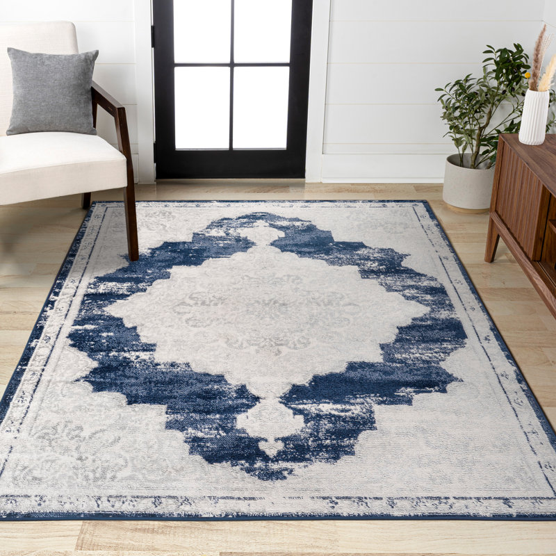 Amee Ornate Medallion Modern Ivory/Navy Rug, Rectangle 3' x 5'