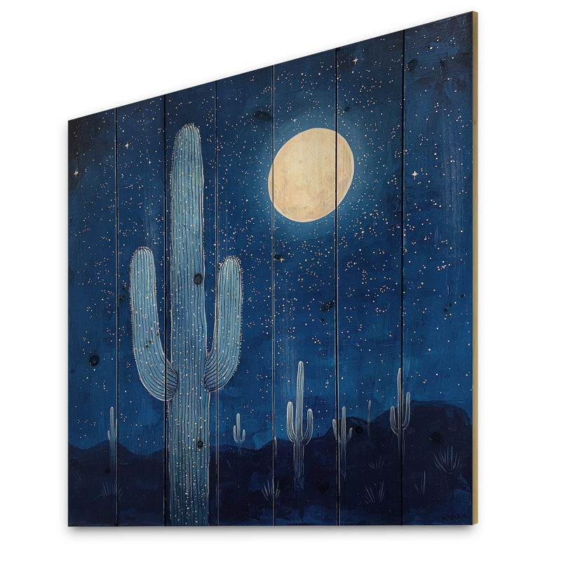 Saguaro Cactus Under The Stars II - Floral Cactus Wood Print - On Natural Pine Wood, 15" H x 15" W x 0.78" D