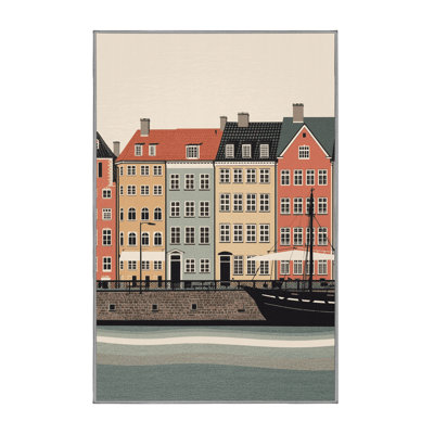 Machine Washable Pelico Copenhagen Nyhavn Harbor Scandinavian Block Print Rug in Beige – Gray Binding