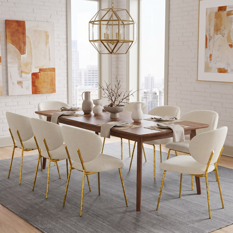Ensemble de 8 chaises de salle à manger rembourrées blanches et dorées, Ensemble de 8