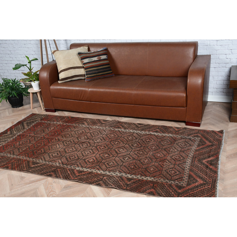 Authentique tapis turc en laine Oushak brun idéal pour la décoration de salon avec un design rétro anatolien
