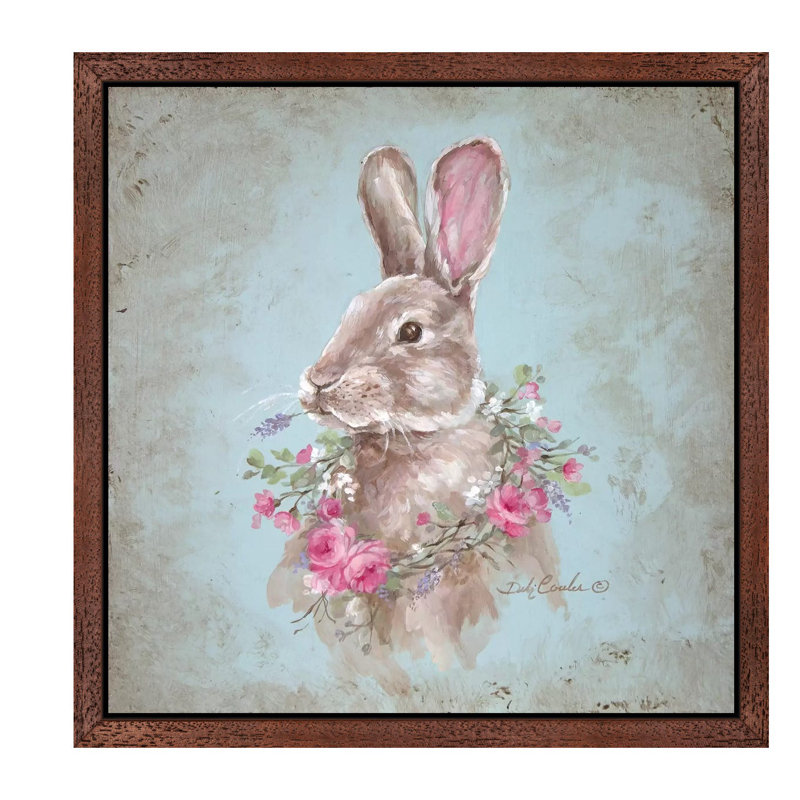 Bunny With Wreath by Debi Coules - Painting on Canvas, 66.04 cm H x 66.04 cm W, Brown Framed