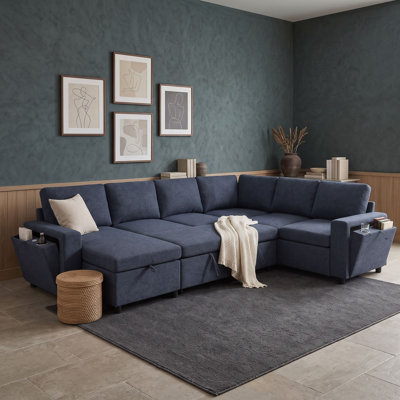 U-Shaped Convertible 7-Seat Sectional Sofa Bed with Hidden Storage, USB Charging Ports and Cup Holders