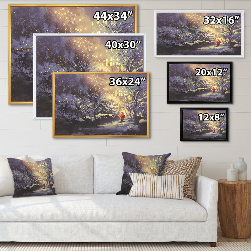 Père Noël en hiver enneigé - œuvre d'art moderne sur toile, H 24 po x l 36 po x P 1 po, Cadre flottant blanc