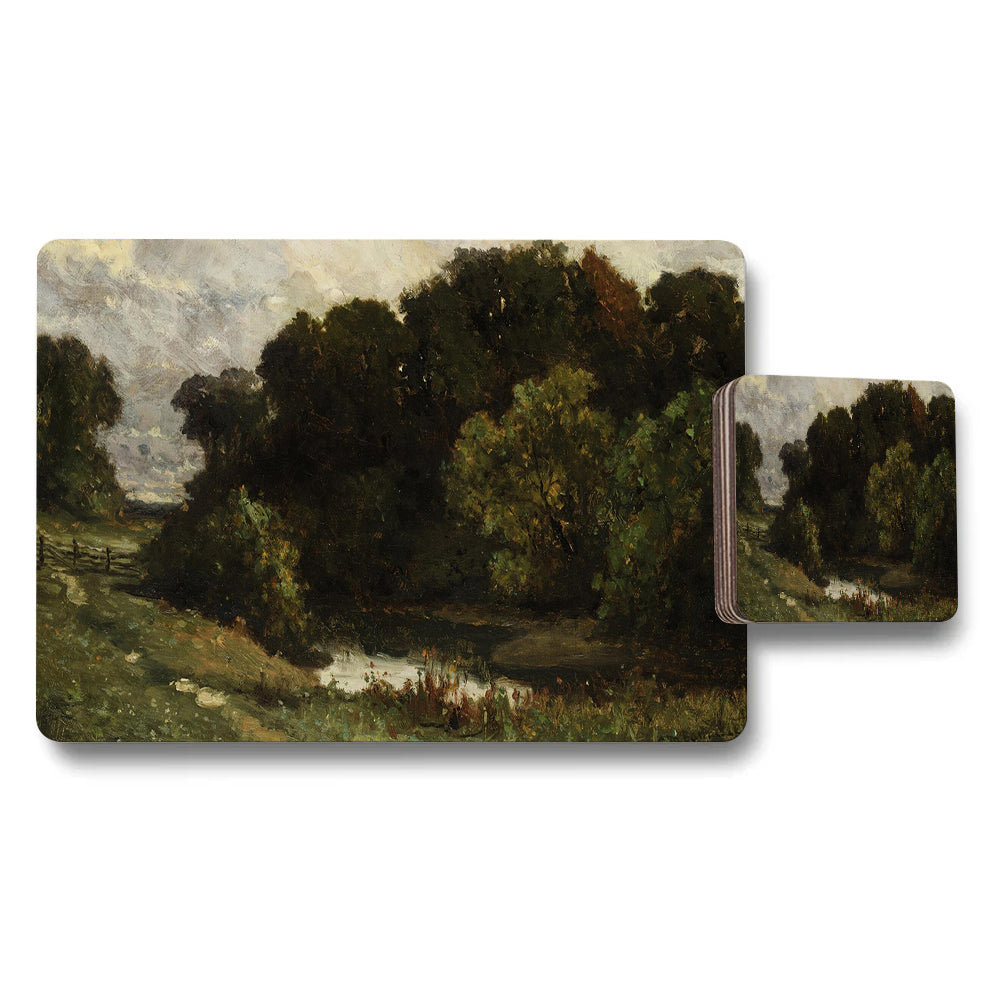Landscape Placemat And Coaster Set With River And Trees Artwork