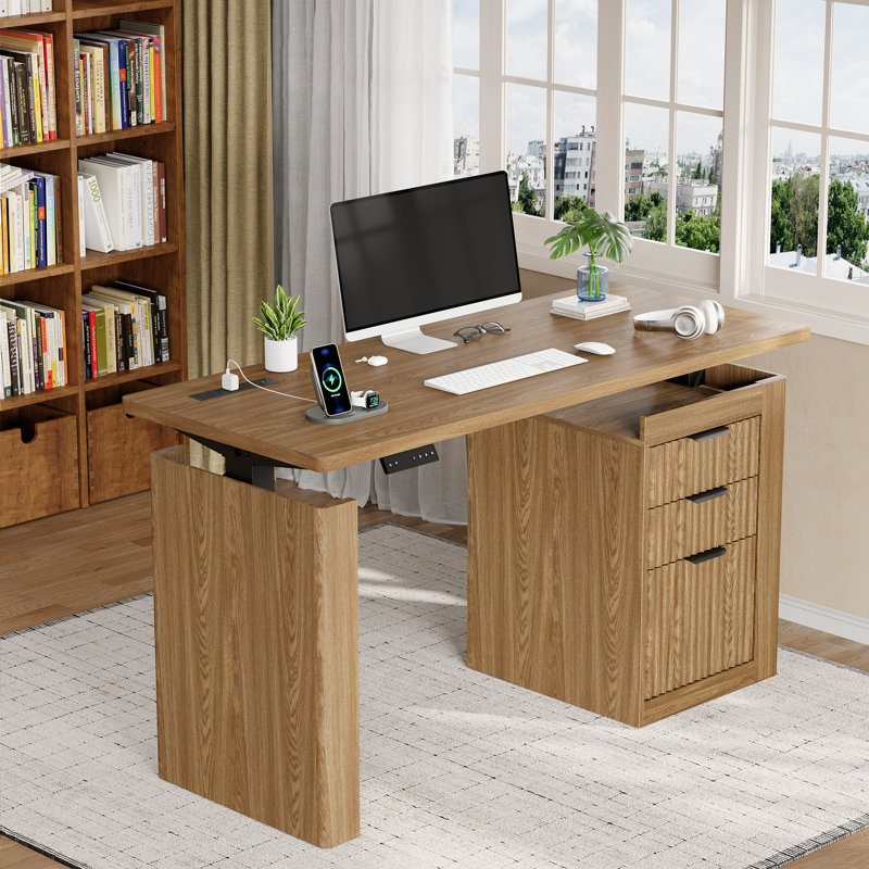 Bureau électrique debout à 3 tiroirs, bureau à hauteur réglable avec classeur, bureau d'ordinateur en bois pour bureau, bureau d'écriture