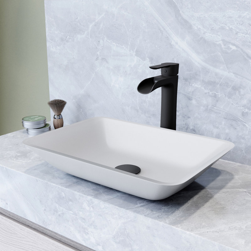 Onyx Rectangular Glass Vessel Bathroom Sink with 11" H Faucet, Matte Black, White