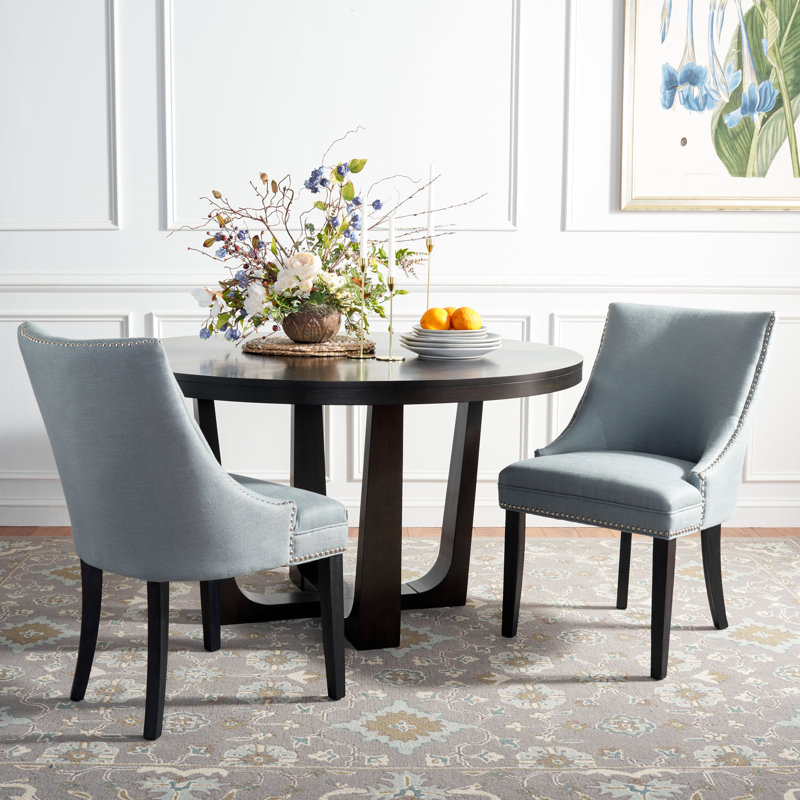 Ardelis 19.7'' H Leather Upholstered Side Chair, Rustic Black, Light Blue Linen Fabric