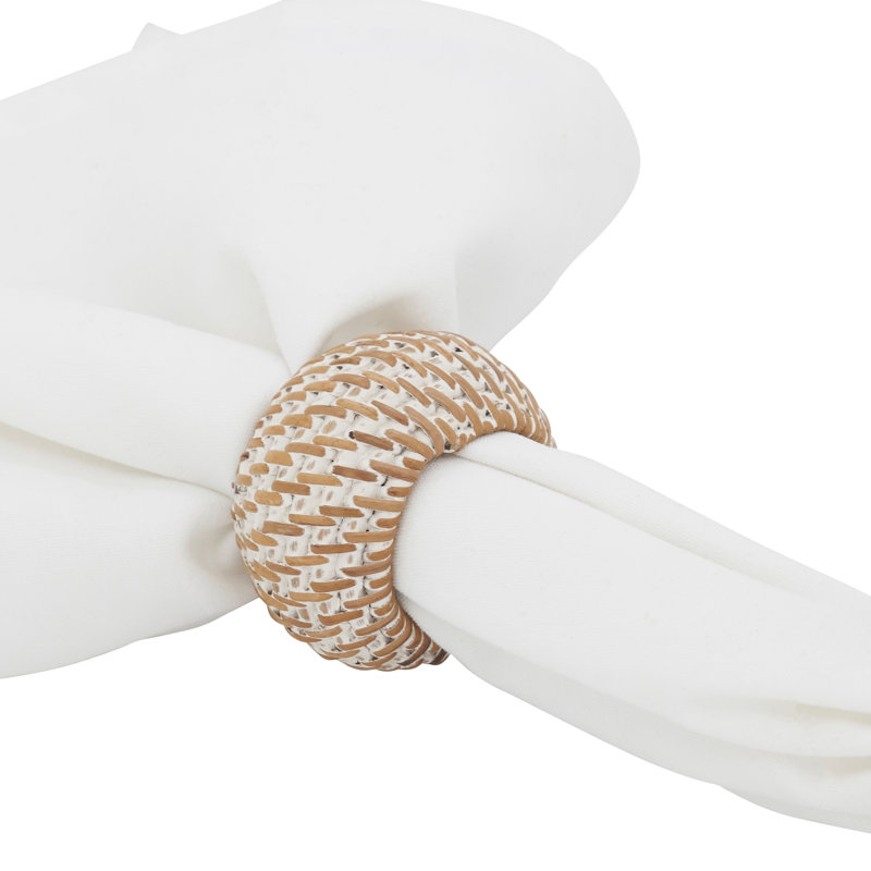 Hand-Woven White and Natural Rattan Napkin Rings, Set of 4