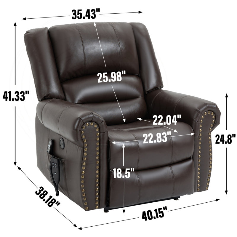 Fauteuil inclinable électrique à deux moteurs avec cuir véritable et ports USB, Cuir véritable brun