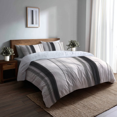 Ensemble d'édredon à rayures 6 pièces - Rayures de frêne noir et gris modernes avec taies décoratives et coussins décoratifs