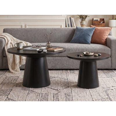 Ensemble de 2 tables basses et d'appoint rondes Parvaneh Ebony Black avec pied central