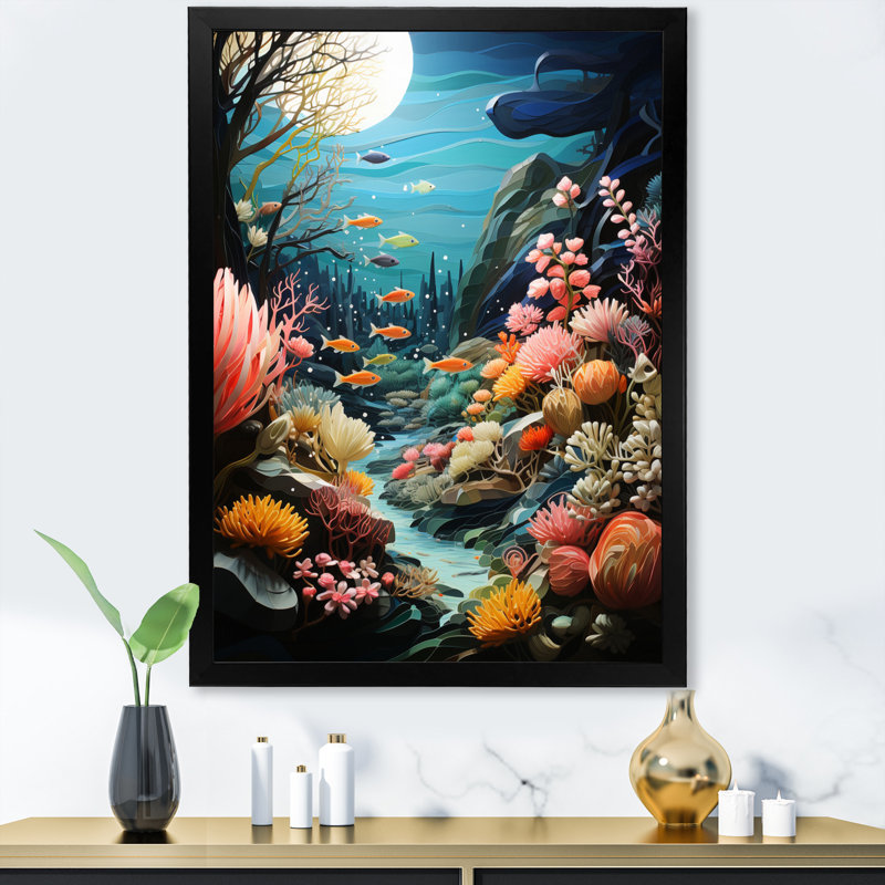 «Aquariums Aquatic Pastoral Patchwork I», Cadre d'angle fermé noir, H 20 po x l 12 po x P 1 po