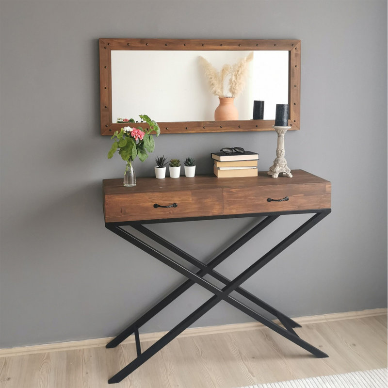 Elegant Wall-Mounted Mirror, Walnut Color, 43.3 x 19.7 x 1.2 inches | 100% Solid Pine Wood, Fully Assembled | Adjustable for Horizontal & Vertical Use, Perfect for Modern Industrial Décor