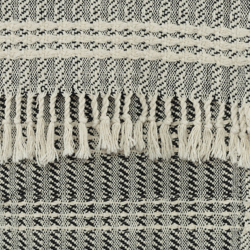 Hand-Loomed Black and Natural Cotton Striped Throw Blanket