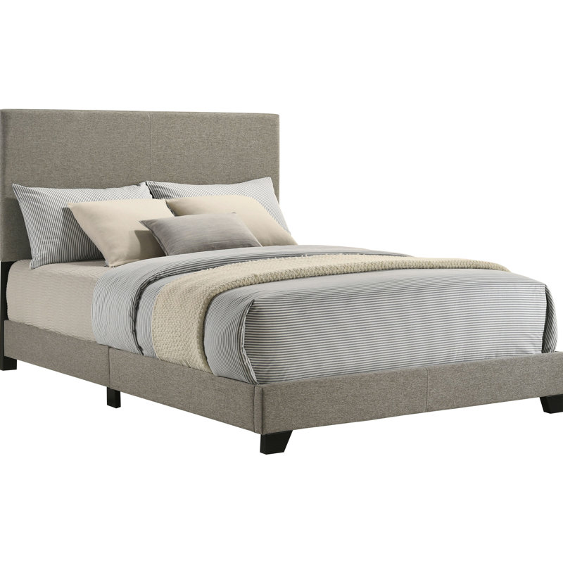 Lit double tapissier taupe avec tête de lit rembourrée, structure en bois d'hévéa et en bois d'ingénierie, pieds solides pour le décor de la chambre à coucher, lit à panneau de 45,5 pouces de hauteur, tête de lit élégante, bois, pieds noirs,