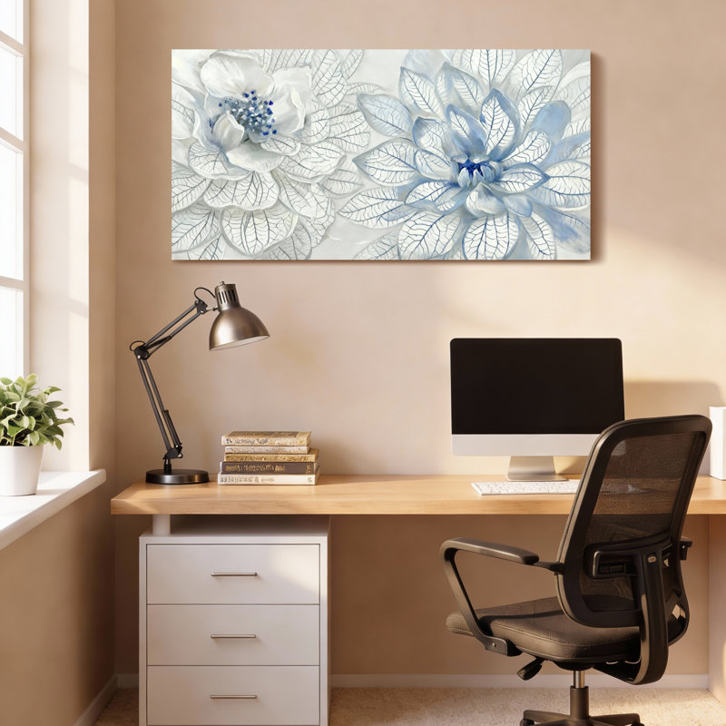 Ensemble de 1 tableau mural sur toile tendue à motif floral bleu et blanc, H 28 po x l 58 po