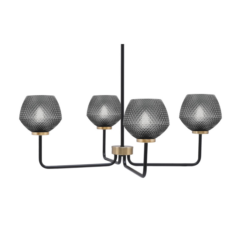Lustre 4 lumières Amarmula, noir mat et laiton vieilli, verre texturé fumé 6 po, Transparent/noir, Noir/laiton