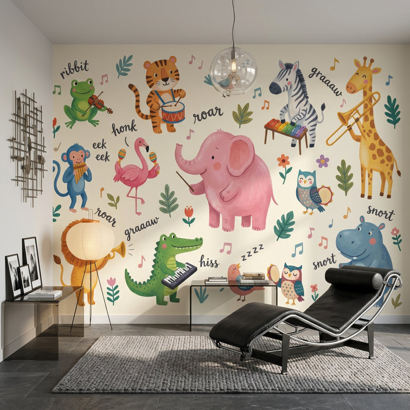 Papier peint pour enfants, animaux mignons, instruments de musique amovibles, décoration murale, 100 po x 96 po, Non tissé
