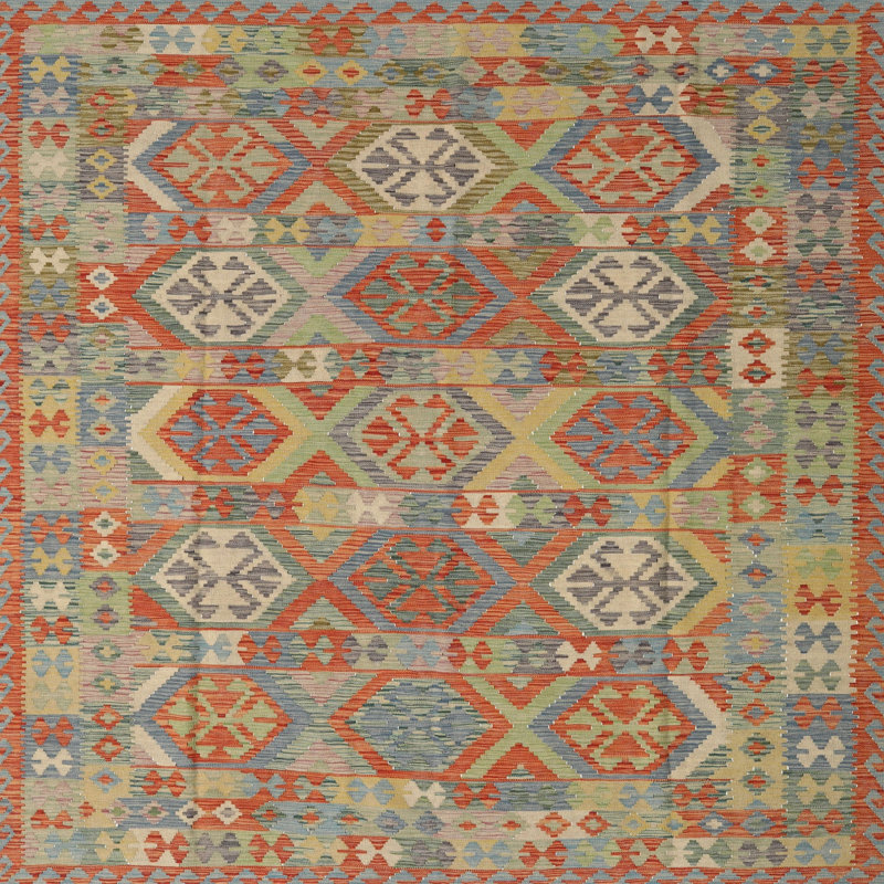 Tapis orange/vert mer contemporaine Elinna, Carré 6 pi x 6 pi