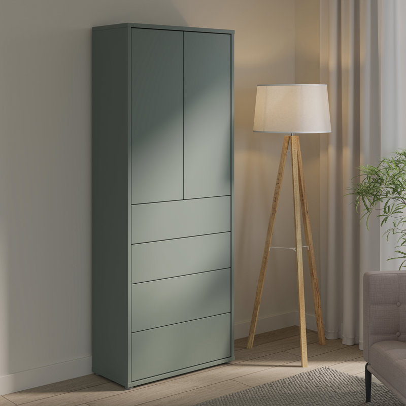 Modern 2-door, 4-drawer cabinet unit, engineered wood, 74.5 cm W x 191.9 cm H x 34.9 cm D, Sage