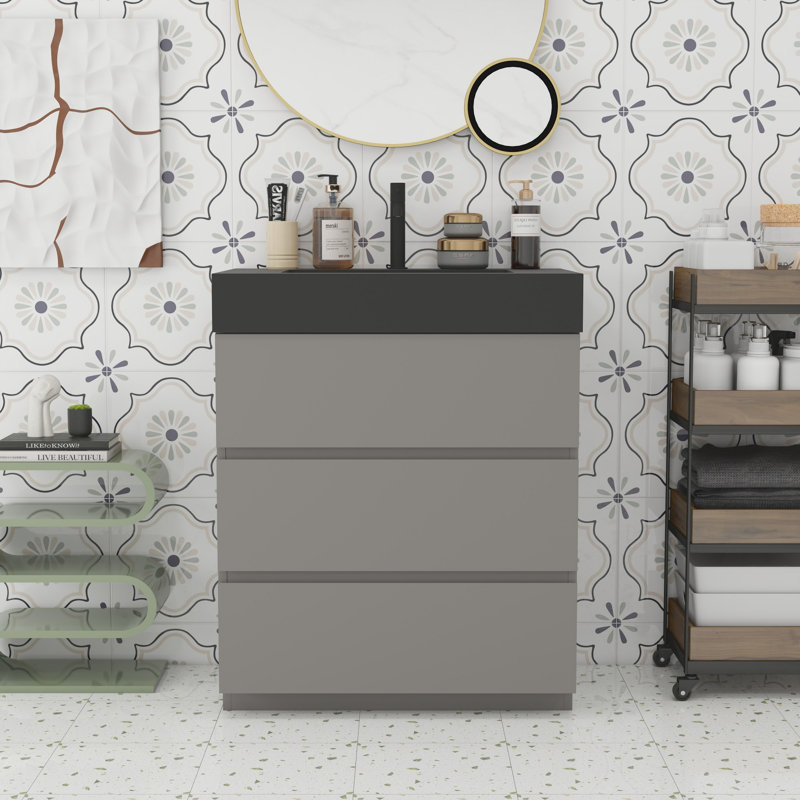 Grand meuble-lavabo moderne pour salle de bain, Noir, noir, noir, noir, Gris
