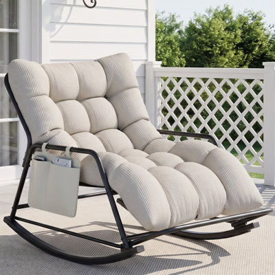 Fauteuil à bascule inclinable extra long de 76 x 122 cm avec coussin rayé de 145 cm et poche de rangement latérale, mobilier de patio récréatif, ensemble de mobilier de patio extérieur robuste pour balcon, cour arrière, jardin (gris)