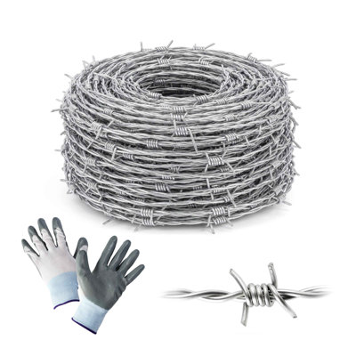100 ft Barbed Wire, 12.5 Gauge, 4 Point Galvanized Barb Craft Wire with Gloves, Barb Wire Roll for Fencing, Crafts, Yard and Garden